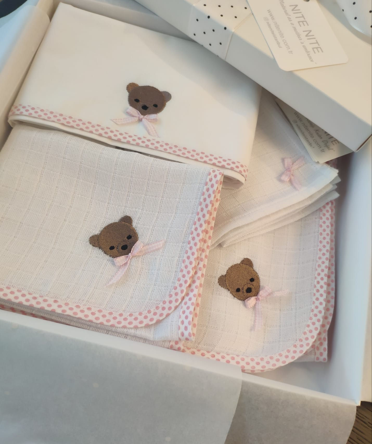 pembe kurdeleli ayıcık temalı müslin set