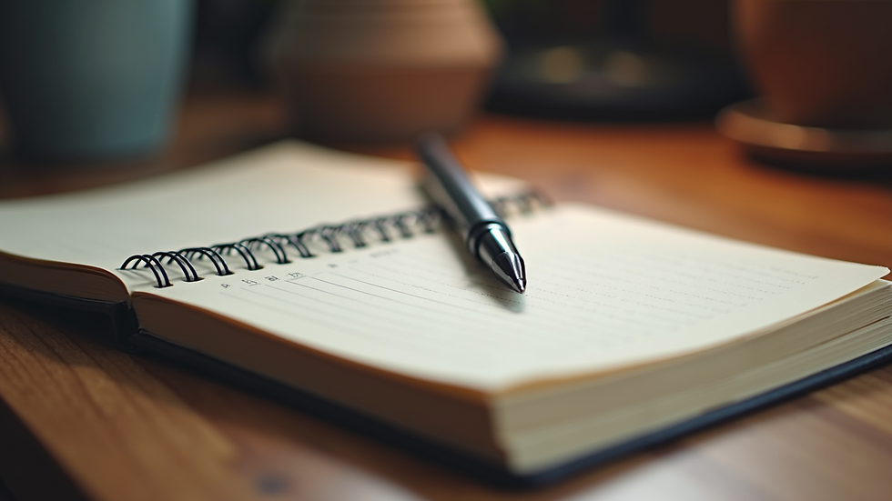 Close-up view of a journal and pen on a wooden desk