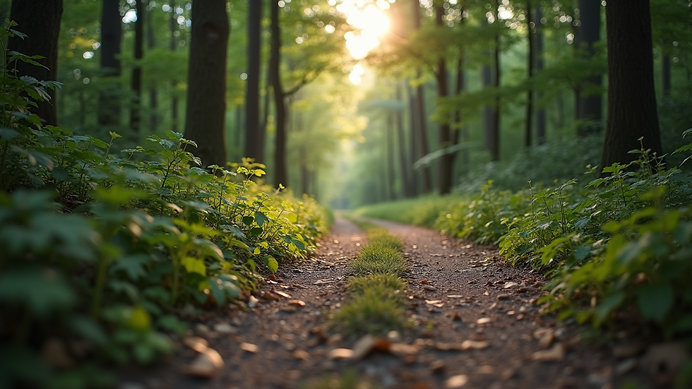 Eye-level view of a serene forest path