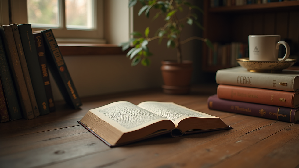 Eye-level view of a cozy reading nook with a stack of books