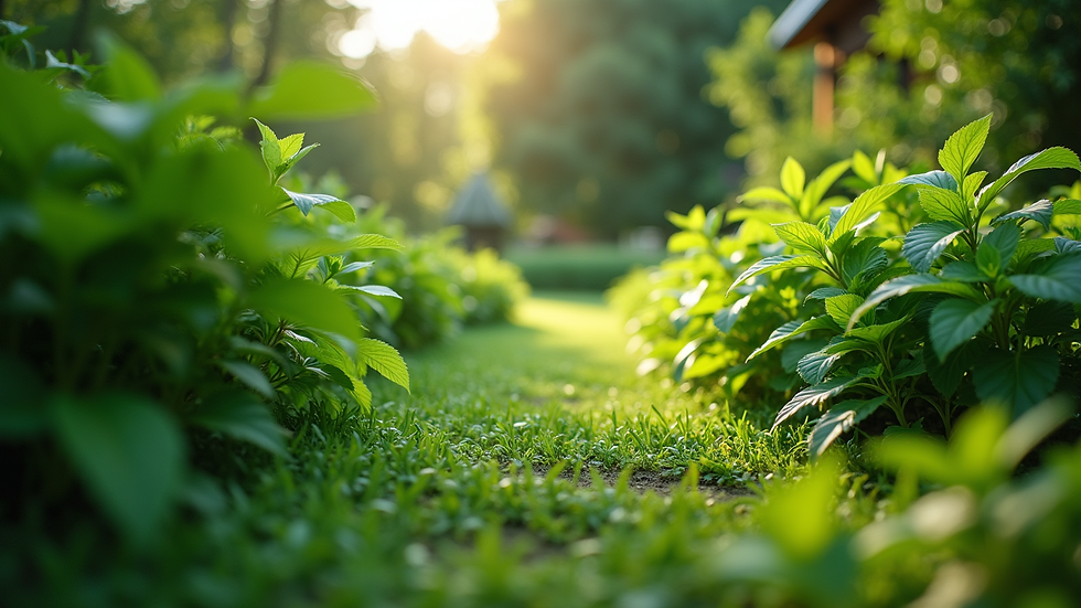 Eye-level view of a lush green garden with various plants
