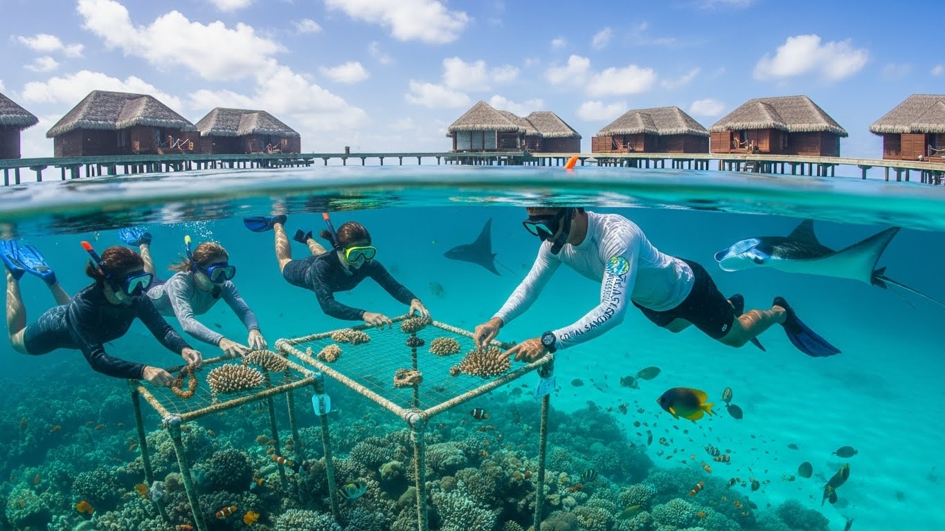 A manta ray passing over a Maldivian coral garden, the world an immersive journey goes down into