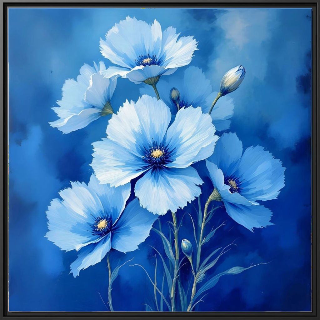 "ABSTRACT FLOWERS IN BLUE" Framed
