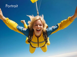 The portrait of a young woman while she is skydiving.