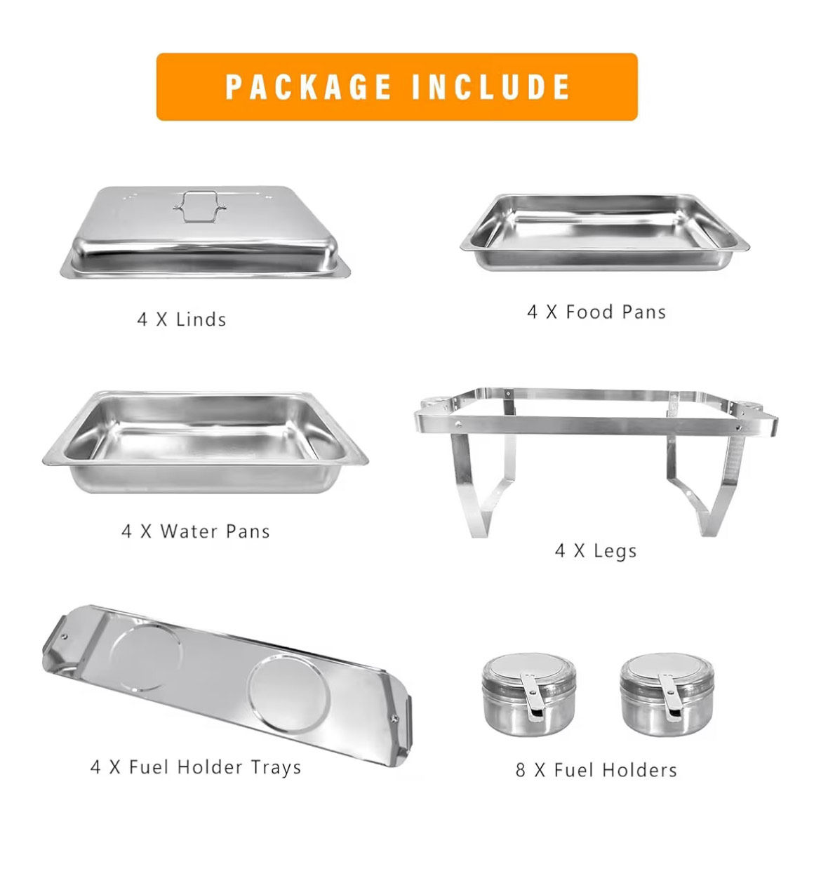 Chaffing Dish Buffet Set 4 pack Tinana 8QT Stainless Steel with 6 Hr fuel