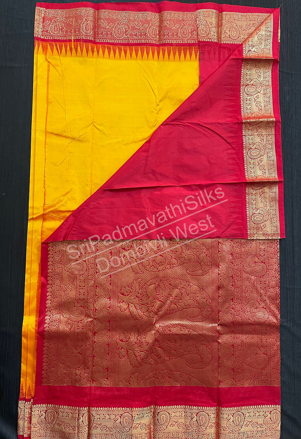 Thumbnail: Yellow and Red kancheepuram pure Silk Saree