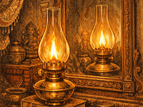 An oil lamp glowing before a mirror, symbolizing consciousness illuminating itself beyond reflection and identity.
