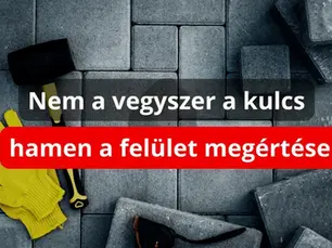 Olajfoltos térkő tisztítása eszközökkel, felirat a felület megértésének fontosságáról