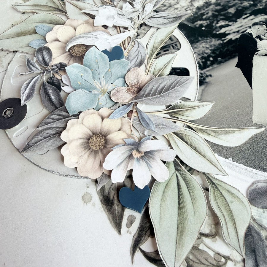 close up of a floral paper cluster which has Bramble Fox hearts nestled into