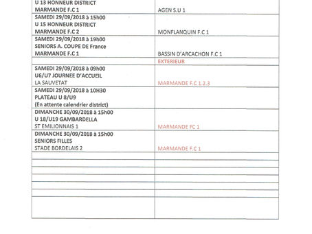 Agenda du Week-End du 29 et 30 Septembre 2018 :