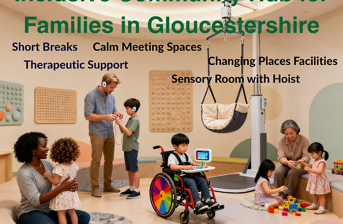 Picture with families in a sensory room with a hoist and a child in a wheelchair