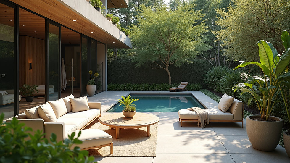 Wide angle view of a beautifully designed outdoor living space with elegant furniture and lush greenery