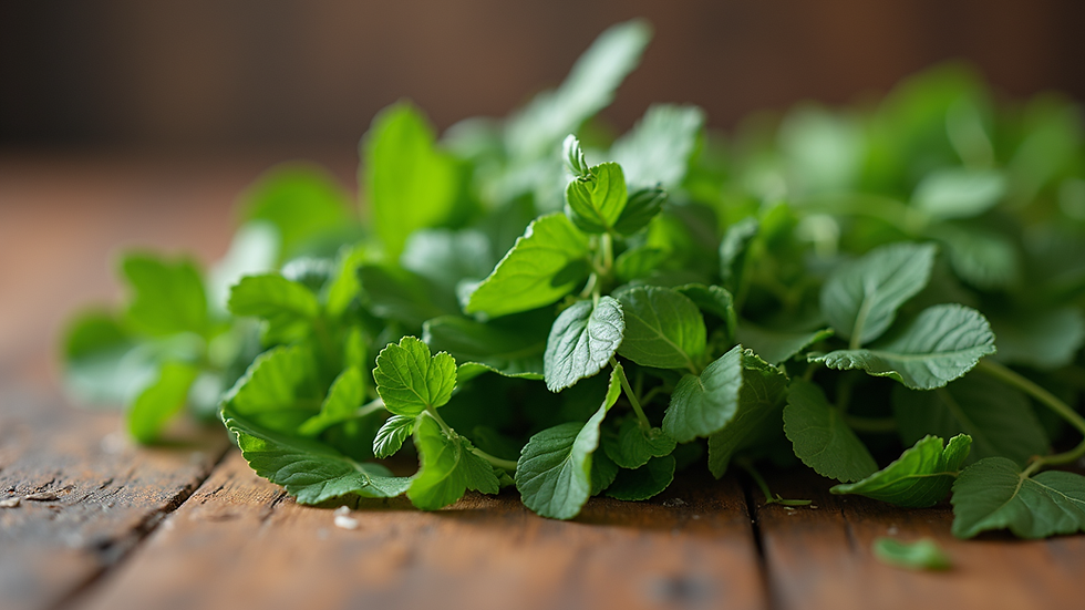 Close-up view of fresh green herbs on a wooden table