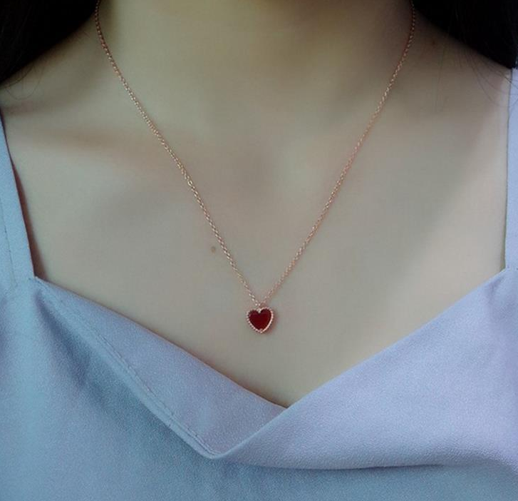 Thumbnail: 925 Silver Rose Gold Heart Necklace Red Agate
