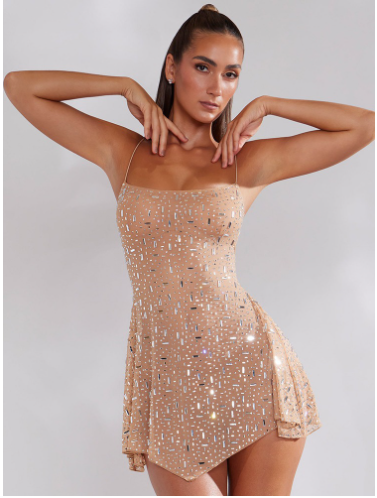 Thumbnail: Semi- Transparent Sling Short Dress Hot Drilling