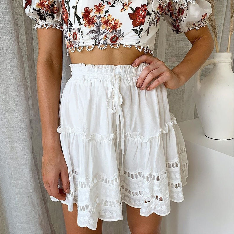 Thumbnail: White Crochet Lace Ruffle Hem Midi Skirt