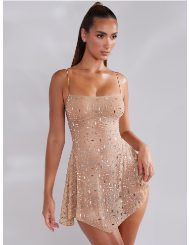 Semi- Transparent Sling Short Dress Hot Drilling