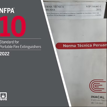 Alt Text SEO:

Comparación entre la norma NFPA 10 y la Norma Técnica Peruana NTP 350.043-1 para extintores portátiles en Perú, mostrando documentos técnicos relacionados con mantenimiento y regulación de equipos contra incendios.
