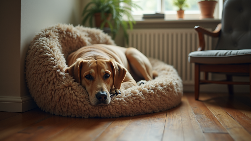 High angle view of an aging dog enjoying a cozy spot in a thoughtfully arranged corner