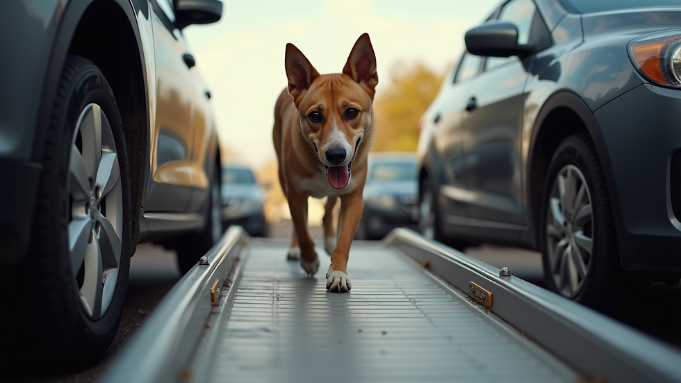 Eye-level view of a dog using a ramp to get into a car
