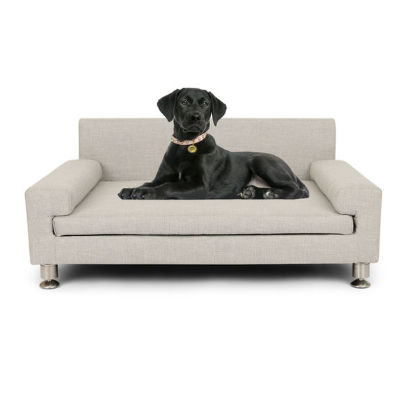 Luxe Ultra-Luxury Dog Bed in Linen Front View with Dog