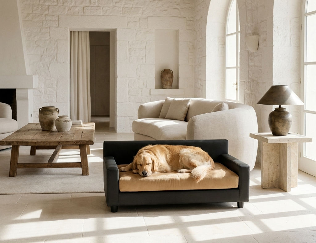 Dream Haven Orthopedic Dog Couch In a room setting with dog