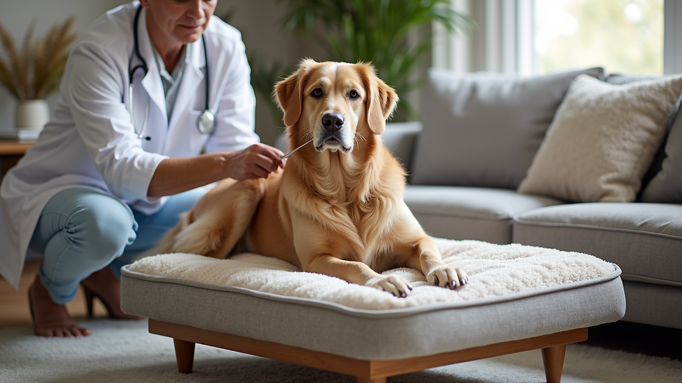 High angle view of veterinarian examining dog on orthopedic bed
