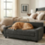 METRO True Orthopedic Dog Couch Bed in Charcoal with Dog in room setting