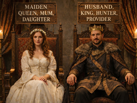 a king an queen sit, they are content, overseeing the titles of their community. Above their heads are signs. 