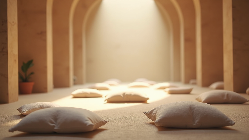 Eye-level view of a serene meditation space with cushions and soft lighting