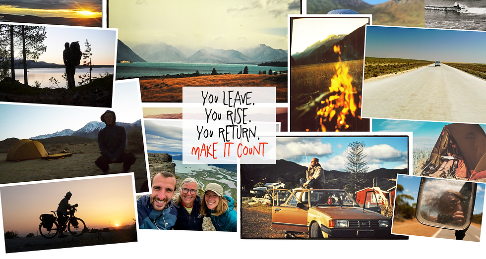 Collage mit verschiedenen Reisebildern und dem Spruch: "You leave, you rise, you return – make it count!" – Sinnbild für Aufbruch, Wandel und Heimkehr