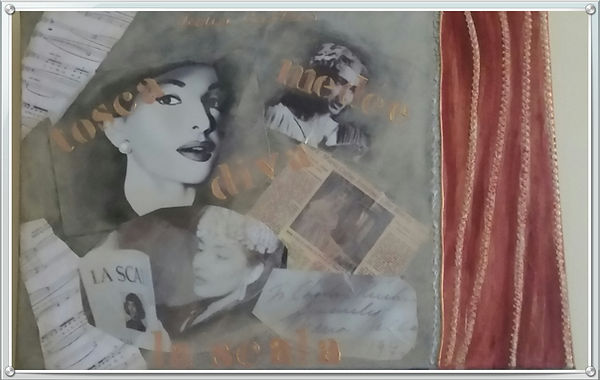 loviart,peinture,collage,maria callas,callas,peinture,patine,rouge,musique,opéra,acrylique,acrylic
