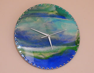 Horloge base contreplaqué, résine et pigments, art, abstrait, résine, aiguille, horlogerie, strass