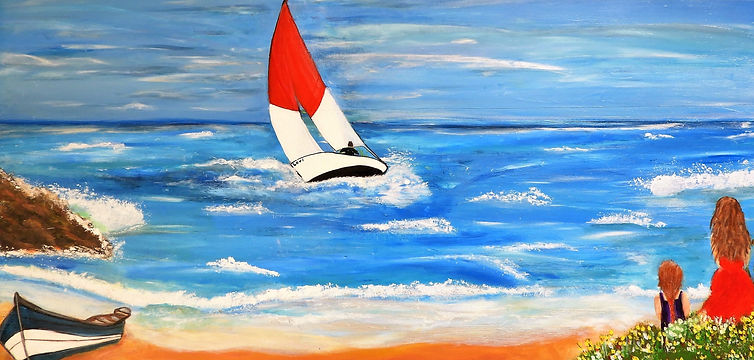 peinture,paint,art,figuratifnTableau,toile,coton,3d,acrylique,vernis,mer,océan,bleu,fillette,femme,bateau,voilier,rocher,ciel,boat,sailing,roch,sun,sky,wave,woman,girl,sable,plage,fleur,flower