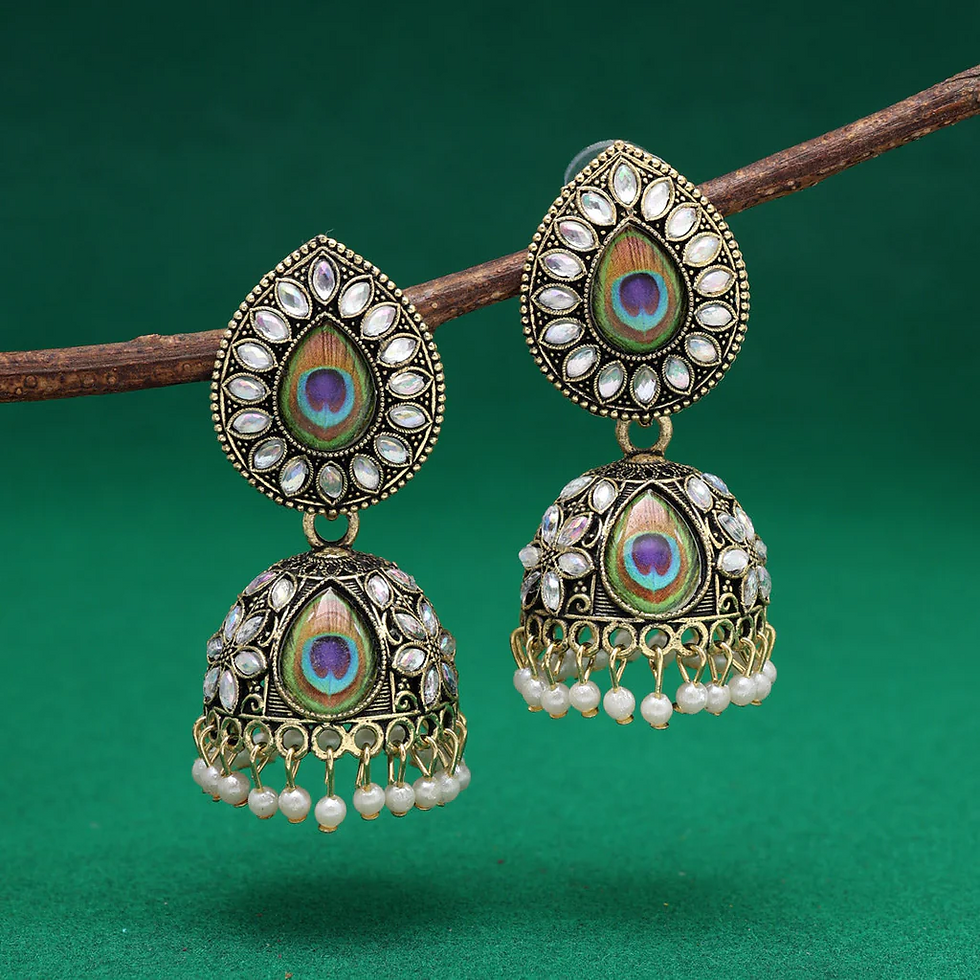 Gold Peacock Feather Oxidised Earrings