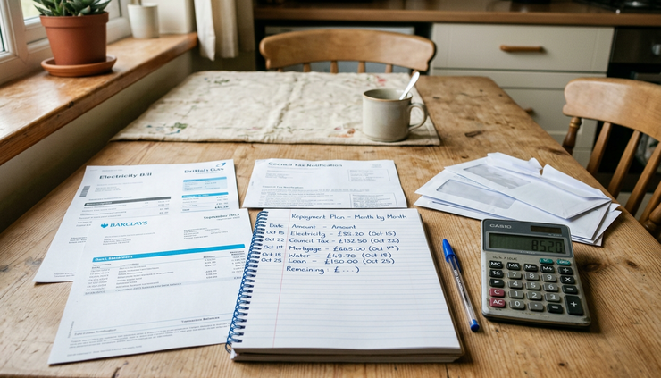 Overhead view of household bills and a handwritten budget on a kitchen table