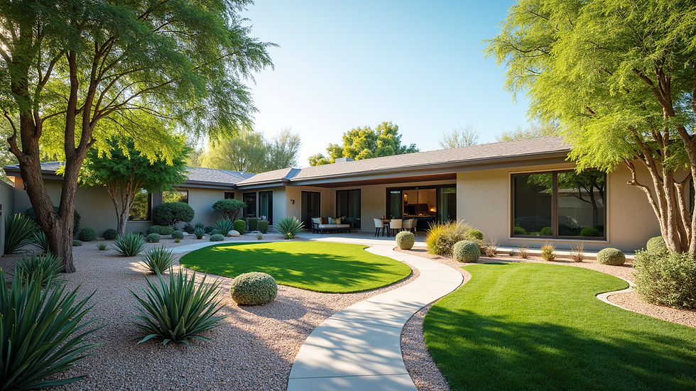 Wide angle view of a landscaped backyard with lush greenery and stone pathways