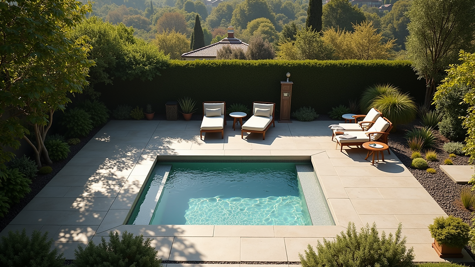 High angle view of a backyard spa area with seating and landscaping