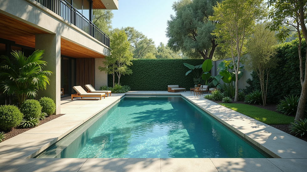 High angle view of lush landscaping around a swimming pool