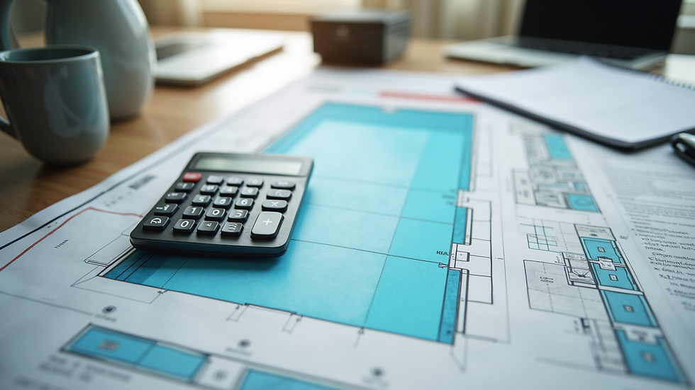 High angle view of a calculator and pool design plans on a desk