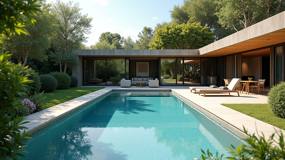 Wide angle view of a backyard pool design consultation setup