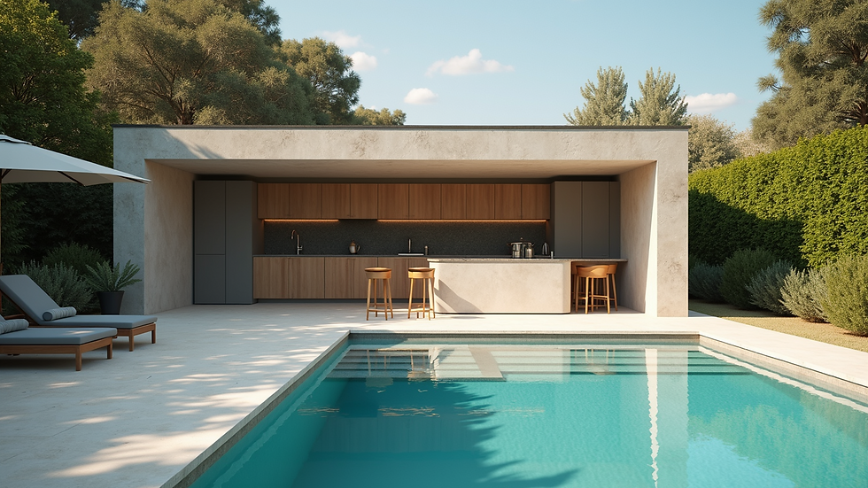 Eye-level view of an outdoor kitchen adjacent to a swimming pool