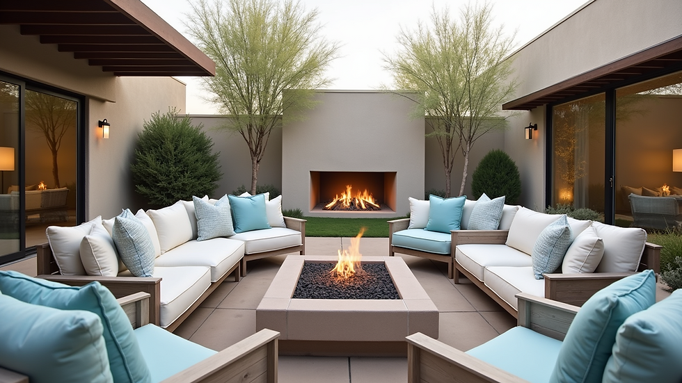 Eye-level view of a cozy outdoor seating area with cushions and a fire pit