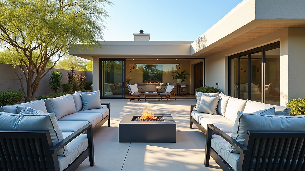 Eye-level view of a modern backyard patio with comfortable seating and a fire pit