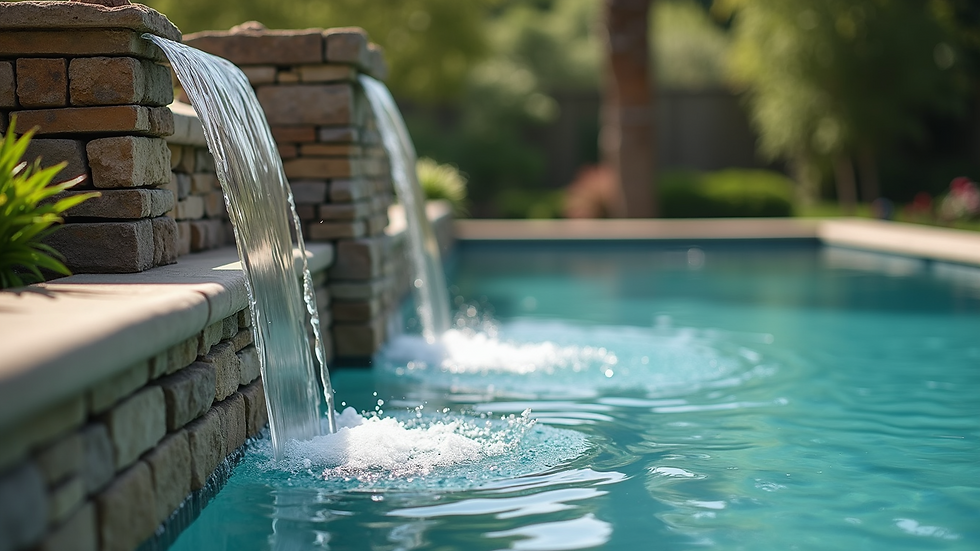 Close-up view of a pool waterfall feature with natural stone