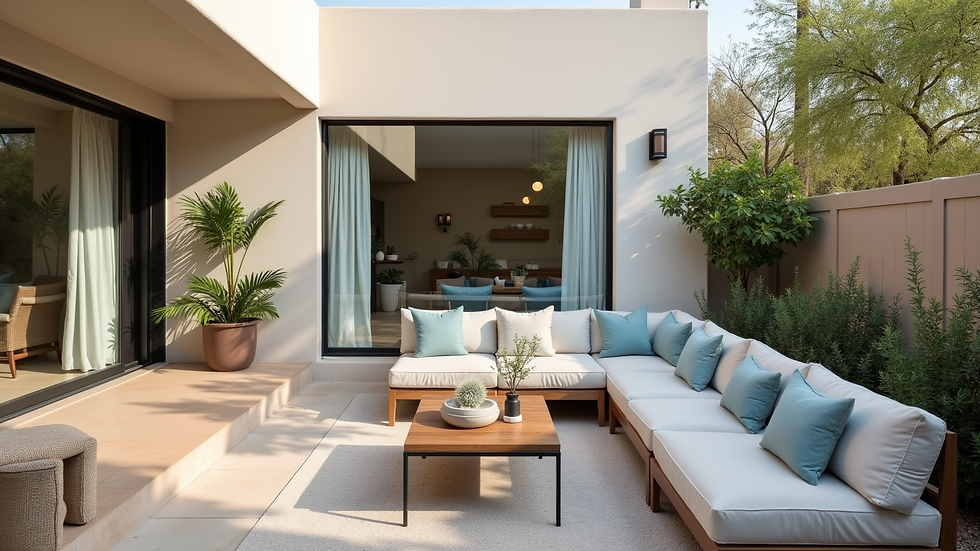 Eye-level view of a cozy outdoor seating area with cushions and a small table