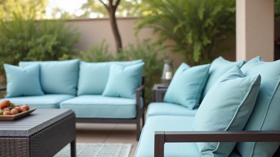 Close-up of weather-resistant outdoor furniture with cushions