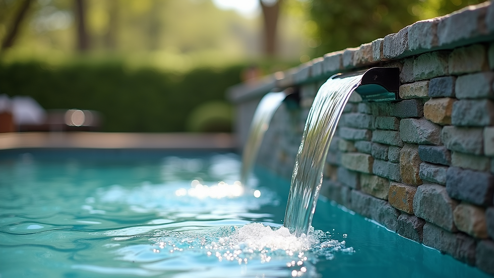 Close-up view of a pool waterfall feature with natural stone accents