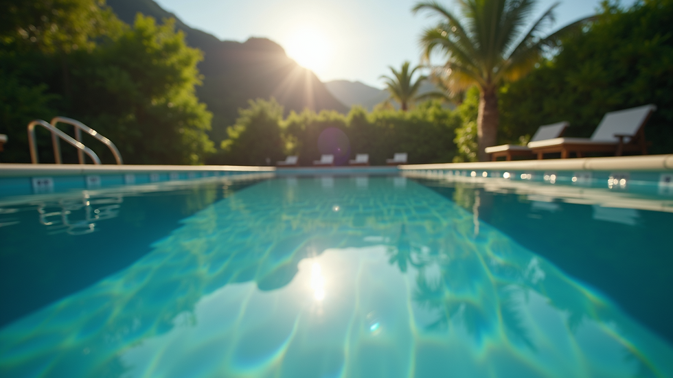 Eye-level view of a natural swimming pool with surrounding greenery