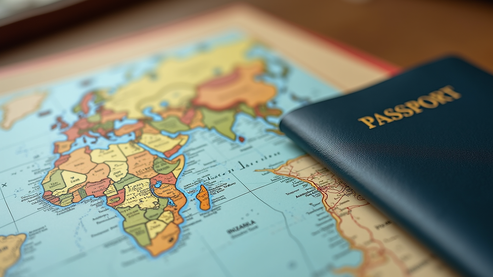 Close-up view of a luxury travel itinerary with a map and passport